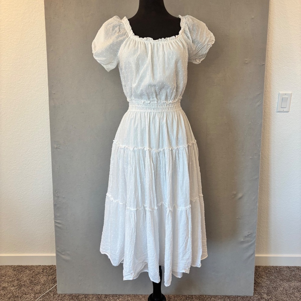 Tommy Hilfiger White Swiss Dot Smocked Waist Tiered Midi Peasant Dress Womens 6